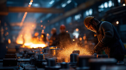 A wide angle view of a bustling factory floor with a diverse crew maintaining hot metal equipment protective gear highlighted by the fiery reflection of furnaces sparks flying