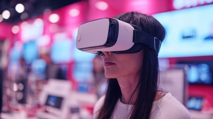 Medium shot of a customer immersed in a VR headset exploring a virtual retail showroom with vibrant digital product displays in sharp focus.