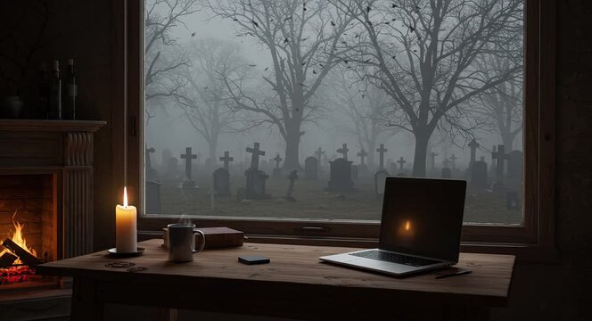 Coffee and laptop set on table by window facing misty spooky cemetery night landscape. Lifestyle concept
Seamless looping, virtual video animation background. Generated AI	