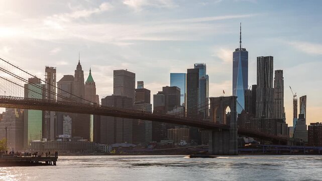 Brooklyn Bridge with Lower Manhattan Skyline at Sunset Timelapse