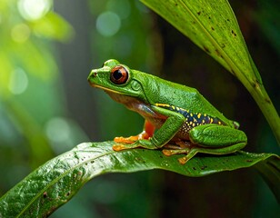 Vibrant tree frog on leaf