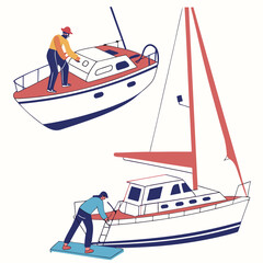 Obraz premium Two people preparing sailboats for sailing one on deck and one boarding with a ladder