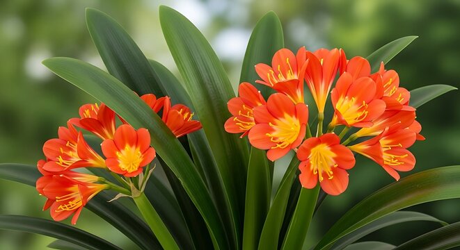 Clivia miniata flowers with green background.