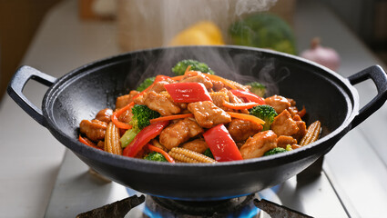 Hot stir-fried chicken with vegetables including broccoli, bell pepper, carrot, and baby corn in a black wok on gas stove. Asian style cooking.