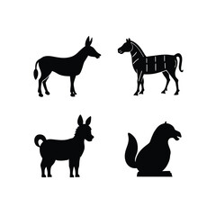 Four Simple Black Silhouette Equine Designs: Donkey, Zebra, Horse, and Pony Illustrations