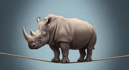 Obraz premium A Vulnerable Rhinoceros Balances Precariously on a Tightrope, Symbolizing Endangered Species