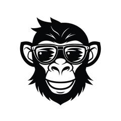 Happy Chimpanzee Mascot Head Wearing Sunglasses: Black and White Vector Illustration