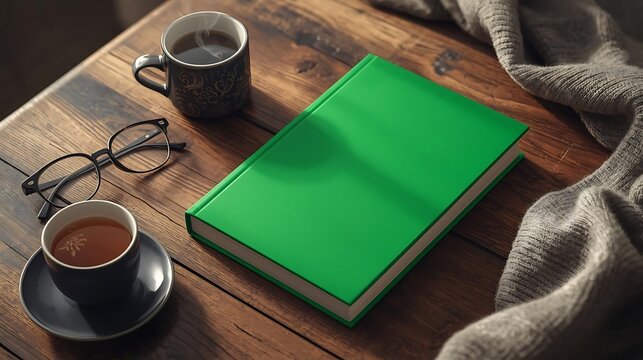 A bright green book rests on a wooden table next to a warm cup of coffee and a pair of reading glasses, inviting exploration - Powered by Adobe