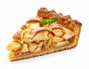 rustic apple pie slice isolated on white background