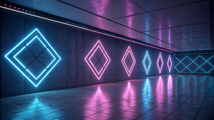 Futuristic hallway with glowing blue and pink neon diamond lights reflecting on glossy floor perfect for tech event visuals, nightlife promos and sci-fi themed poster designs