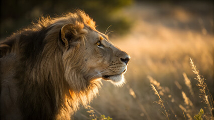 Naklejka premium Majestic lion in golden savannah landscape captured in warm sunset light looking into distance ideal for wildlife documentaries, conservation themes and safari travel ads