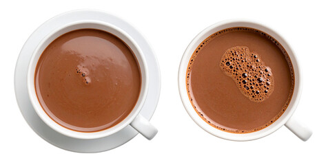 group of top view of hot chocolate drink on white mug isolated on white
