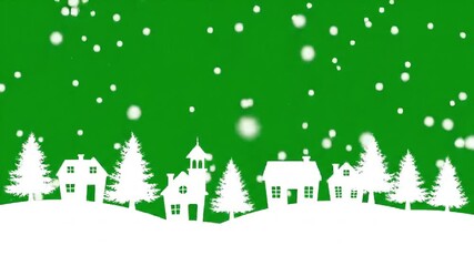 White snowy houses and trees landscape on green backdrop with falling snow creating a winter scene, in a simple graphic illustration - Powered by Adobe