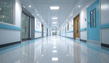 Long, empty hospital corridor with bright lights and blue accents.