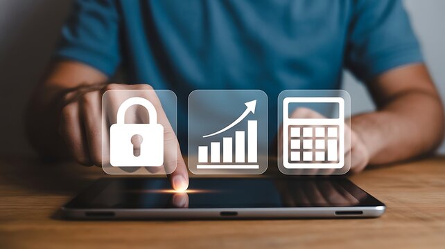 Hand interacts with digital icons of security graph growth and calculator on a tablet representing financial technology
