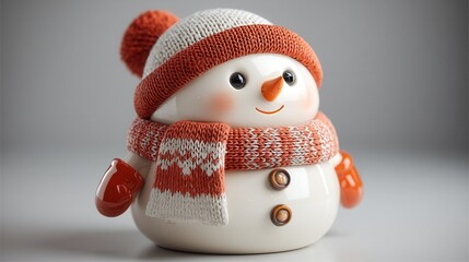 christmas concept. Cute ceramic snowman wearing a knitted hat and scarf.