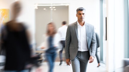Man in suit walks in blurry office setting with other people present.