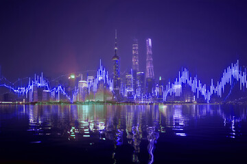 Fototapeta premium An image of a futuristic urban cityscape integrating digital networks with city buildings.