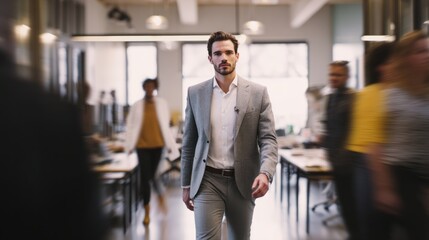 Man in suit walks through busy office space with blurred people.