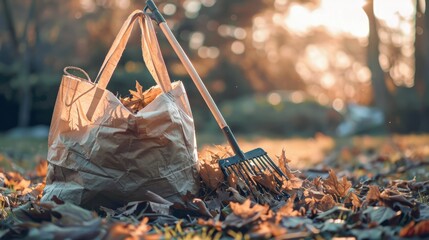 Autumn Leaf Cleanup: Rake and Paper Bag Full of Golden Fallen Leaves in Sunny Garden, Fall Season Chores