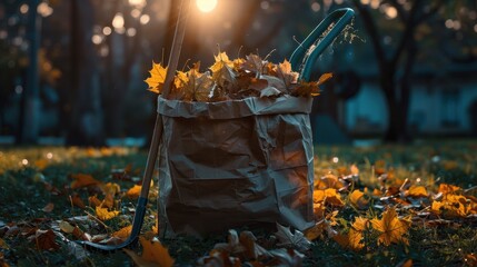 Fall Cleanup: Paper Bag of Golden Leaves, Rake, Shovel in Cozy Backyard Under Warm Light