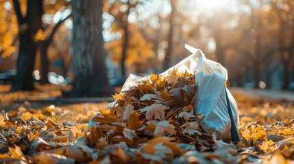 Plastic bag full of golden autumn leaves on the ground, illuminated by warm sunlight during fall cleanup in a park.