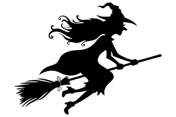 Flying Witch Silhouette on Broomstick Halloween Design