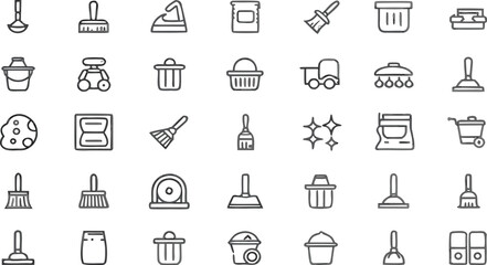 Cleaning tools line icons set – mop, broom, brush, bucket, trash bin, vacuum, detergent, hygiene, outline vector symbols for household