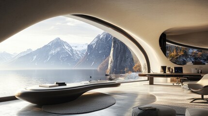 Modern home office with stunning mountain lake view.