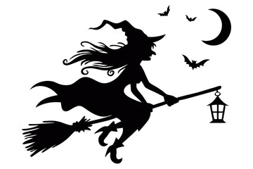 Halloween Witch Flying on Broomstick with Lantern, Moon and Bats Silhouette