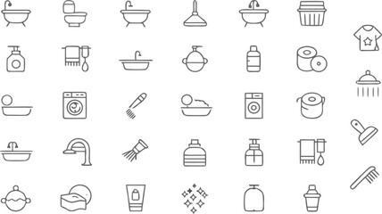 Bathroom and cleaning essentials line icons set &ndash; bathtub, sink, washing machine, soap, towel, hygiene, outline vector symbols for home