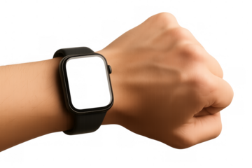 Hand showing smartwatch with transparent screen background