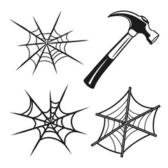 Hammer and spiderwebs black and white illustration