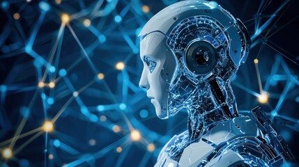 Futuristic robot head profile, digital network background.
