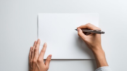 Hands holding pen writing on a blank white paper against white background.