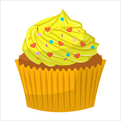 Simple illustration of a yellow cupcake with colorful frosting and sprinkles. Ideal for baking or celebration themes.