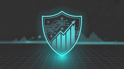 Digital shield with futuristic growth chart and circuitry symbolizing cybersecurity and financial success