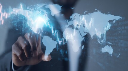 Person in suit touches glowing world map interface technology concept.