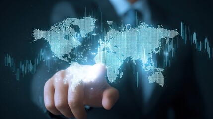 Hand touches glowing world map digital interface concept dark background.