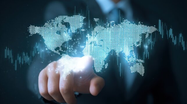 Hand touches glowing world map digital interface concept dark background.