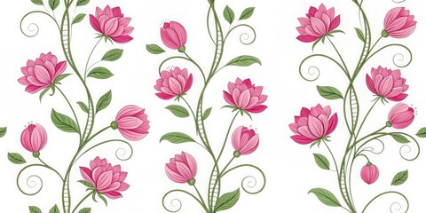 Seamless pattern with pink lotus flowers and green vines on white background