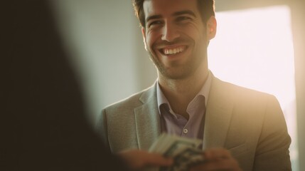 Man smiling receiving money from another person indoors in a well-lit environment.