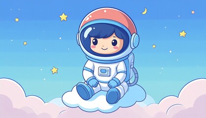 Cute astronaut girl on a cloud