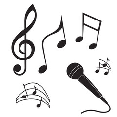 Musical notes and microphone silhouettes treble clef