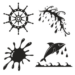 Nautical ship wheel splashing liquid dolphin waves