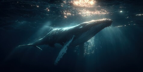 Fototapeta premium A large humpback whale glides serenely through the deep blue ocean, surrounded by shafts of light filtering from the surface. Its massive body moves with grace in the tranquil waters