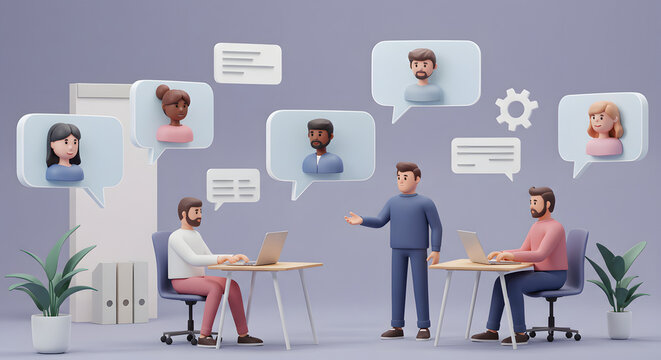 Engaging Virtual Team Meeting, Featuring Diverse Avatars and Colleagues Collaborating in Digital Workspace, Representing Modern Communication and Technology Integration in