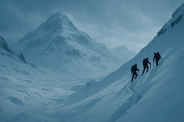 Three adventurers hike up a steep snowy mountain in harsh winter conditions, symbolizing endurance, teamwork, and exploration