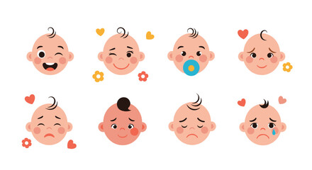 Collection of happy sad and neutral baby face expressions with various emotions shown through facial features and gestures