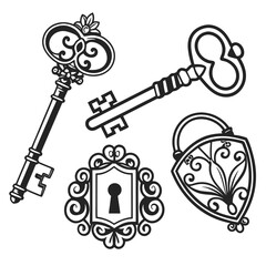 Ornate vintage keys lock and keyhole vector